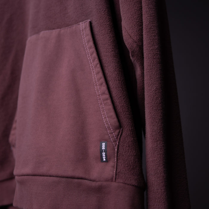 FA'19 Reverse Weave Hoodie in burgundy, closeup of pocket and fabric texture detail