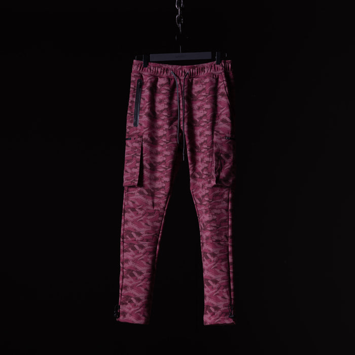 flatlay Brushed Camo Cargo Jogger in burgundy camo, front view