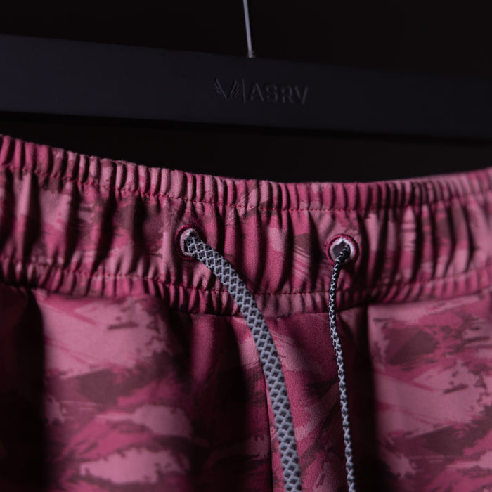 Brushed Camo Cargo Jogger in burgundy camo, detail shot of waistband and drawstring