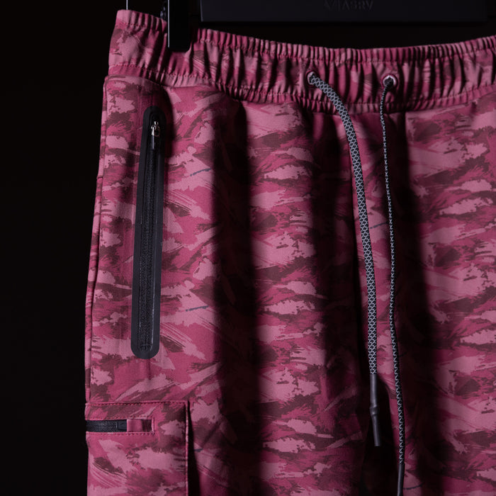 Brushed camo cargo jogger in burgundy, detail shot of pocket and drawstring