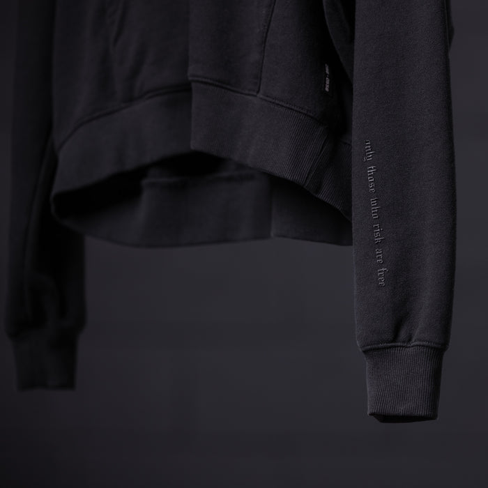 FA'20 Contrast Thread Hoodie in black, detail view of sleeve and cuff