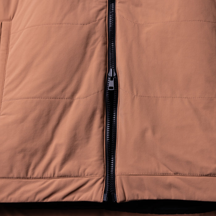 FA'22 Insulated Gilet Vest in tan, front zipper detail closeup