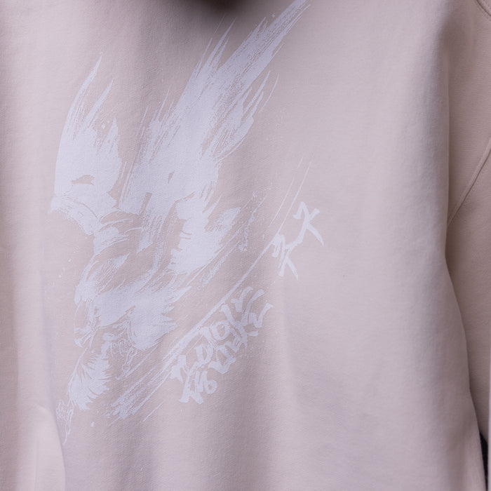 FA'22 Tech Terry Eagle Hoodie in light pink, worn on model showing front graphic detail