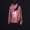 FA'22 Tech Terry Eagle Hoodie in mauve pink, hung on display with white graphic print visible