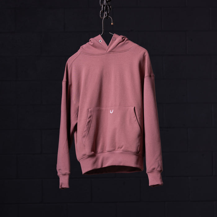 Pink Tech Terry Eagle Hoodie displayed on hanger against dark background, back view