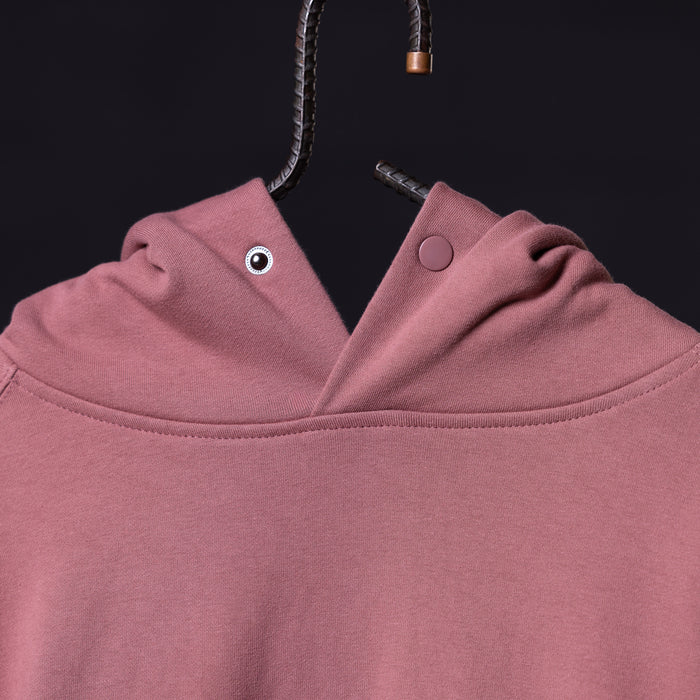 Tech Terry Eagle Hoodie in mauve pink, close-up of collar and drawstring detail