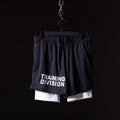 flatlay FA'23 Training Division Mesh Shorts in black and white, front view on hanger