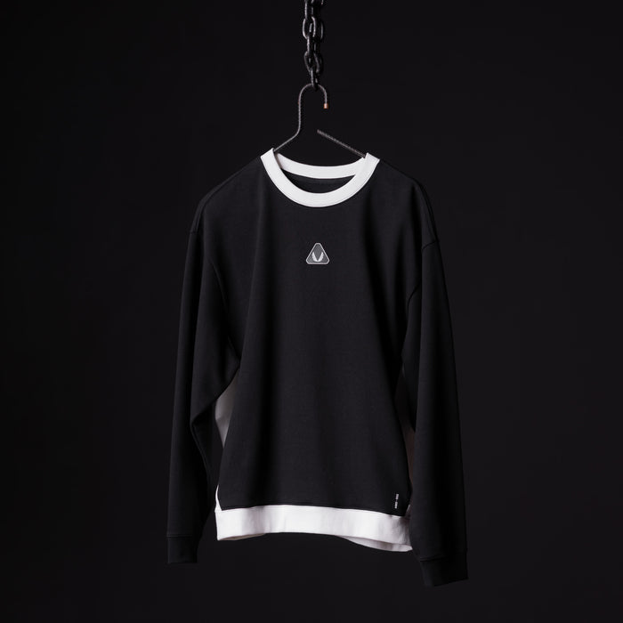 Black Terry Crew Neck sweatshirt with white trim displayed on hanger against dark background