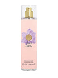 A pink 8.0 oz bottle of Vince Camuto Fiori Body Mist features a gold spray top and a purple flower graphic on the label. This women’s fragrance mist offers a fresh and delicate floral scent.