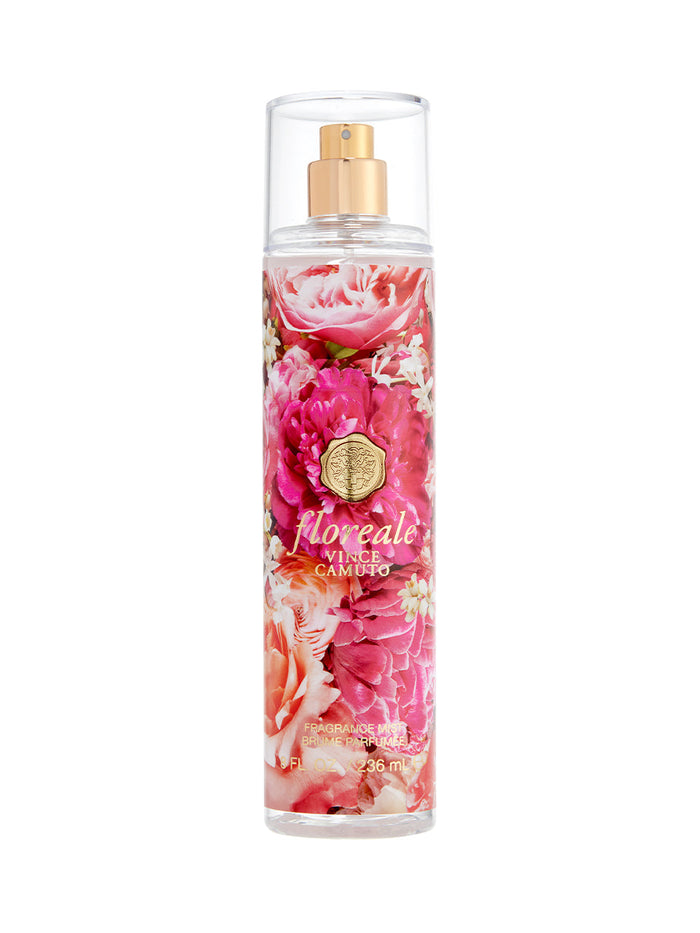A clear 8.0 oz spray bottle of Vince Camuto Floreale Body Mist, featuring a gold spray nozzle and a label adorned with pink and white flowers, delicately scented with bergamot and orchid.
