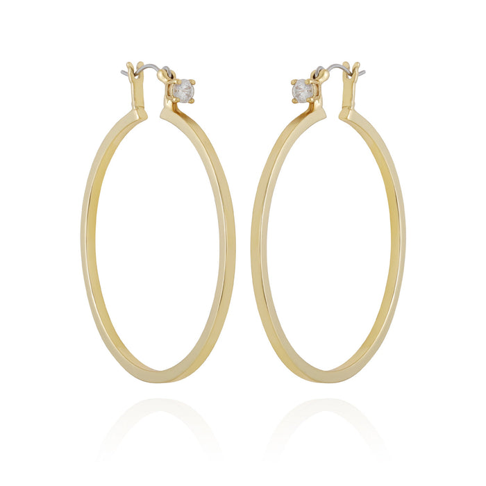 The Vince Camuto Goldtone Cubic Zirconia Large Hoops Earrings feature a pair of large, oval-shaped gold-tone hoops with small stud closures, displayed on a white background.