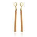The Goldtone Huggie Tassel Hoop Drop Earrings by Vince Camuto feature sleek hoops with long, slender gold chain tassel pendants hanging from each huggie, all showcased on a white background—an elegant and trendy accessory that adds a touch of sophistication to any outfit.