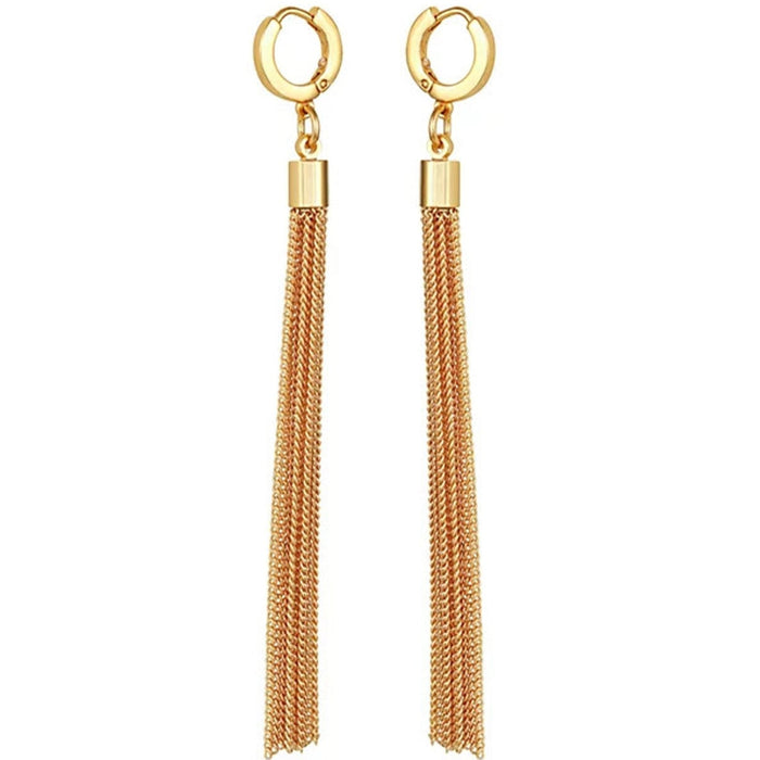 The Vince Camuto Goldtone Huggie Tassel Hoop Drop Earrings feature small gold-tone hoop tops with multiple fine chain tassels, creating a sleek and elegant design ideal for anyone who loves trendy jewelry.