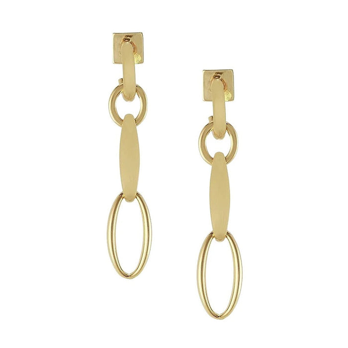 The Vince Camuto Goldtone Linear Hoop Post Earrings showcase a geometric design with a square stud, linked oval shapes, and an elongated, smooth bar connecting the sections—these trendy earrings are perfect for adding a modern touch to any look.