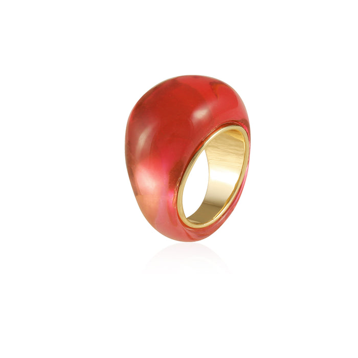 The Vince Camuto Goldtone Mixed Red Cocktail Ring features a chunky, glossy red resin design with a rounded silhouette and a goldtone inner band, shown against a white background for a bold statement appeal.