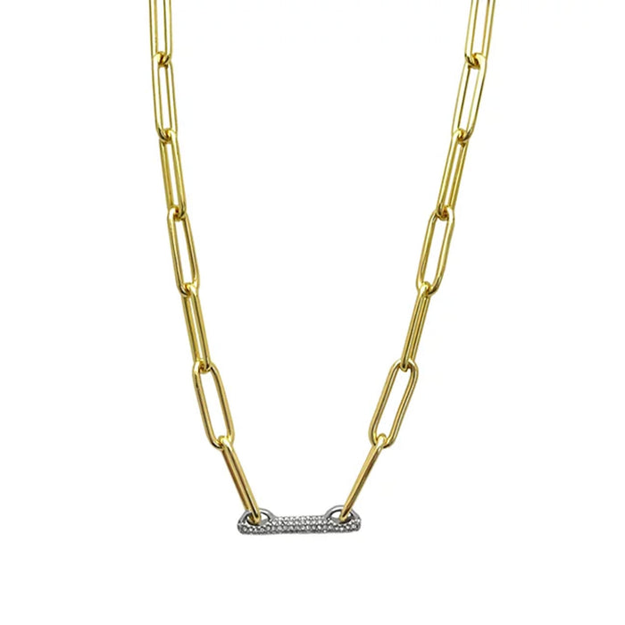 Vince Camuto’s Goldtone Pave Bar Chain Necklace features a gold paperclip chain with a horizontal, oval-shaped silver-toned pendant at the center, embellished with small sparkling stones, and is displayed on a white background for a sophisticated look.