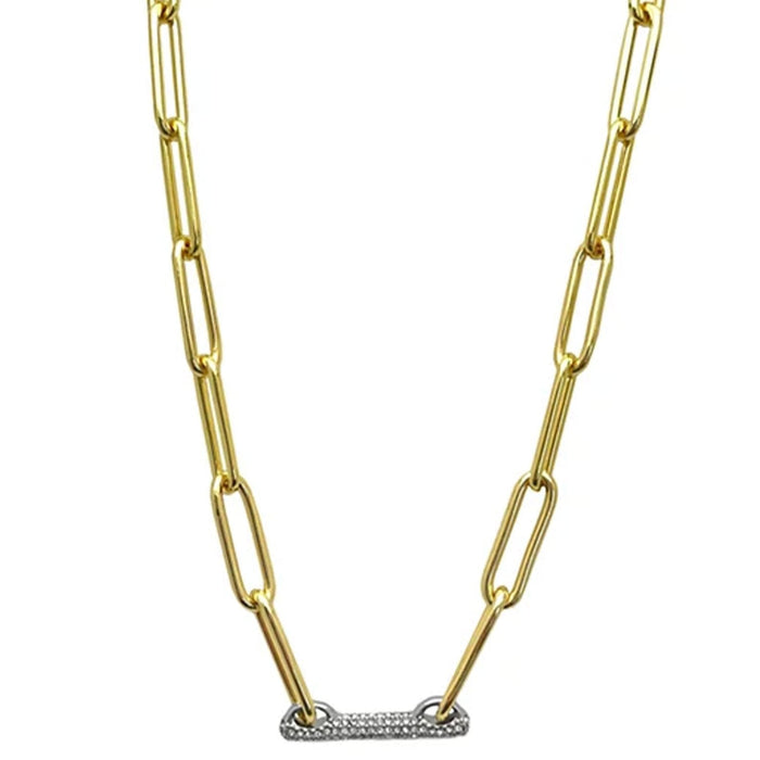 The Goldtone Pave Bar Chain Necklace from Vince Camuto features elongated oval gold links and a horizontal, silver-tone rectangular pendant adorned with sparkling clear gemstones at the center.