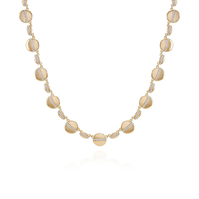 The Goldtone Pave Multi-Coin Statement Necklace by Vince Camuto showcases alternating round and oval links accented with small clear stones and finished with an adjustable chain, displayed on a white background.