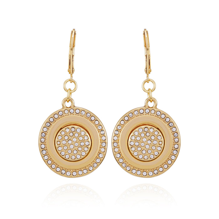 Introducing the Goldtone Pave Stone Coin Drop Earrings by Vince Camuto, inspired by classic French coin designs. These earrings showcase circular pendants adorned with two concentric rows of small clear glass pave stones and a central cluster of matching stones, beautifully displayed against a white background.