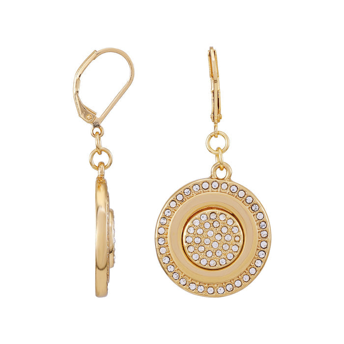 Vince Camuto Goldtone Pave Stone Coin Drop Earrings feature round, double-circle drop pendants adorned with small clear crystal accents and sparkling glass pave stones set in concentric patterns, displayed from both side and front views against a white background.