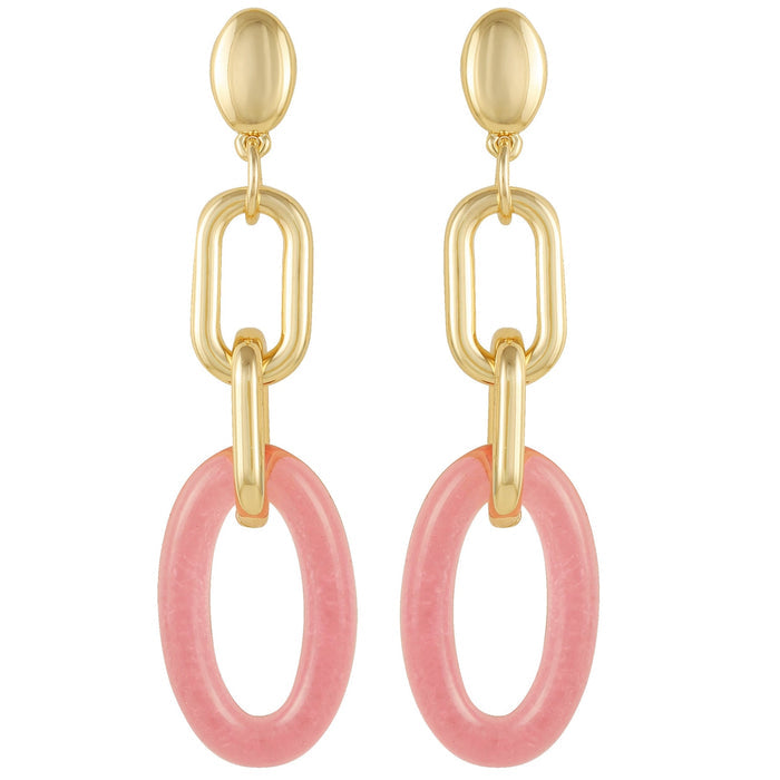 Introducing the Vince Camuto Goldtone Pink Candy Interlocking Drop Earrings—these chic earrings showcase an oval stud, two interconnected goldtone links, and a bold pink oval hoop at the bottom. Their modern and elegant design is elevated by a pop of color from the pink detail, making them a perfect way to add stylish flair to your jewelry collection.