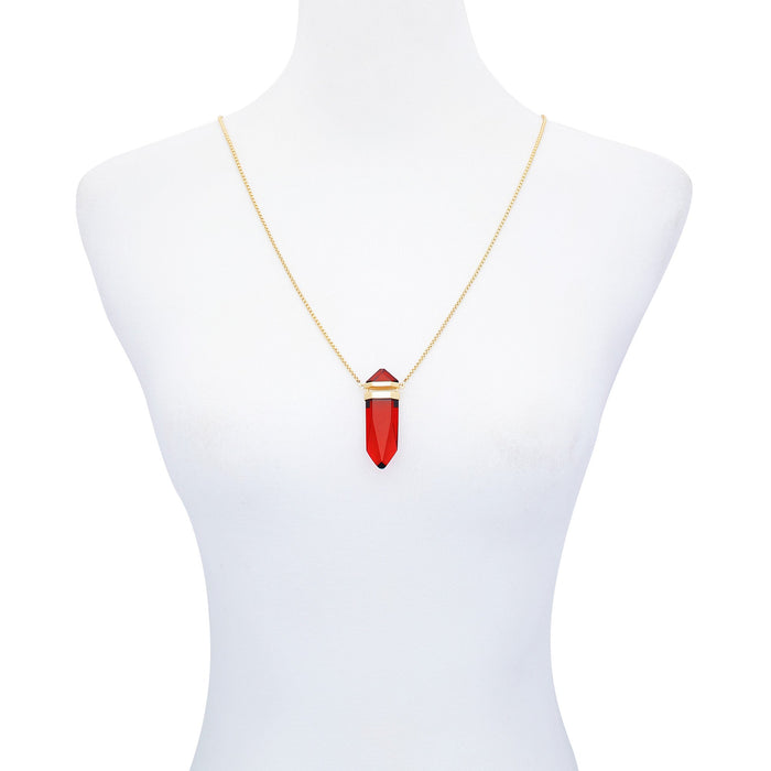 A mannequin displays the Vince Camuto Goldtone Red Crystal-Shape Stone Pendant Long Necklace, featuring a long box chain and a large, faceted red crystal-shape pendant with gold accents, centered on a plain white background.