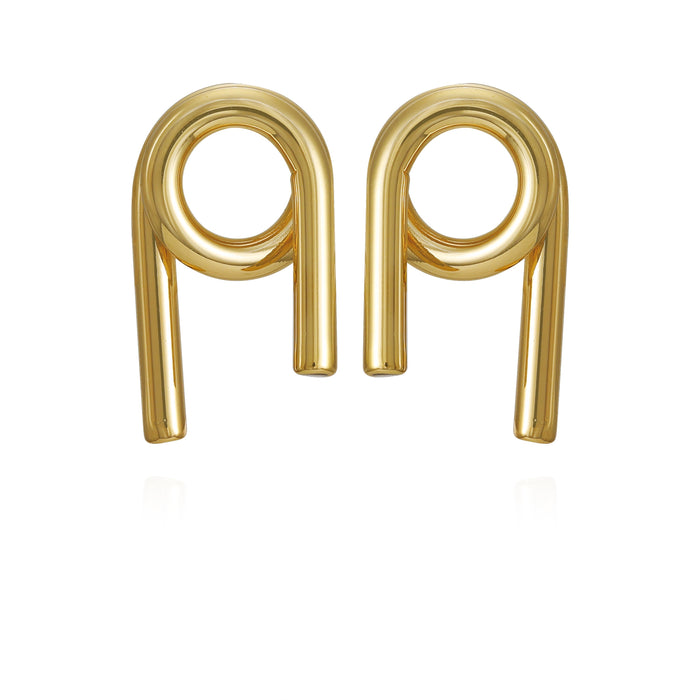Goldtone Short Twisted Drop Earrings by Vince Camuto, featuring a modern abstract loop design with smooth, shiny metal forming a stylized combination of circular and straight shapes, displayed on a white background.