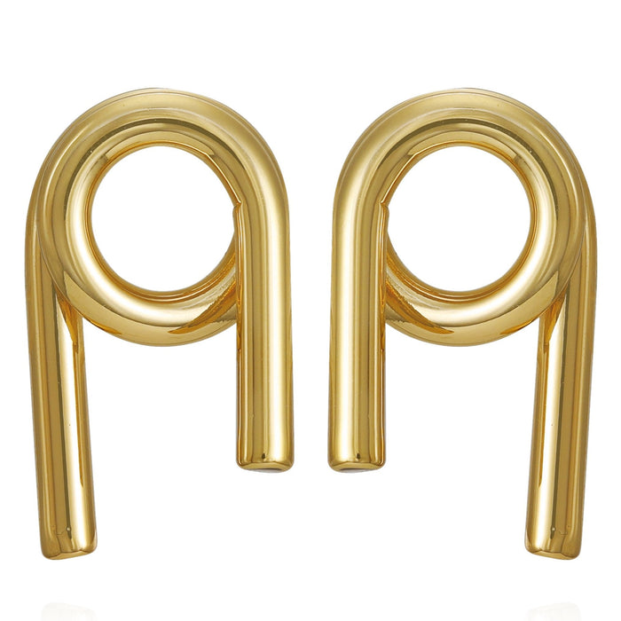 A pair of Goldtone Short Twisted Drop Earrings by Vince Camuto, featuring a shiny gold-tone finish and an abstract loop design reminiscent of the letter P facing each other, displayed on a plain white background.