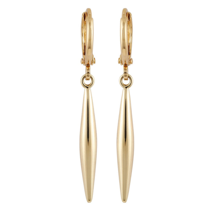Vince Camuto Goldtone Spear Dangle Huggie Hoop Drop Earrings showcase a pair of elegant earrings with elongated, tapered pendants that echo the sleek silhouette of spear dangle earrings, gracefully suspended from secure huggie hoop clasps and displayed on a white background.