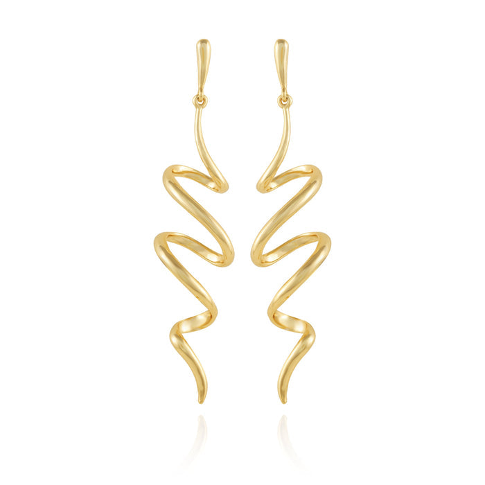 The Vince Camuto Goldtone Spiral Corkscrew Earrings feature a wavy zigzag design with a polished finish, hanging from simple hooks and displayed on a white background.
