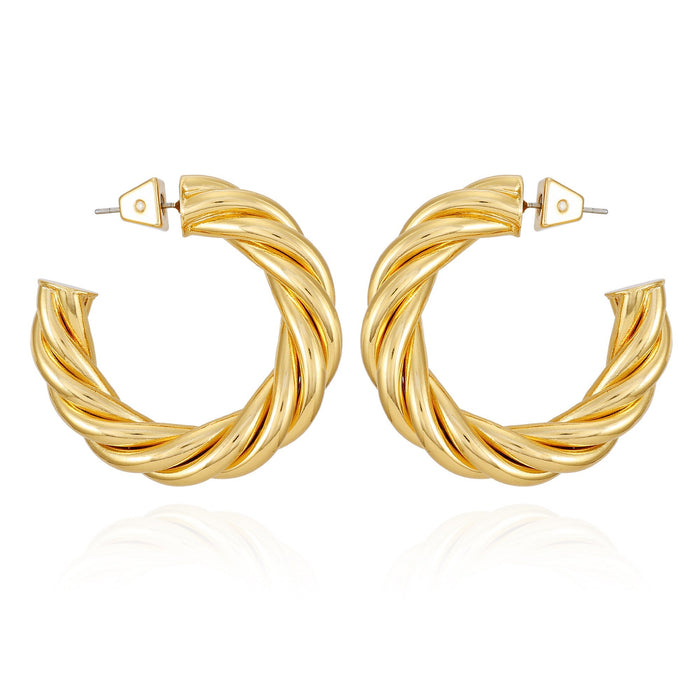 Vince Camuto Goldtone Textured Rope Hoop Earrings feature a subtle rope texture and a shiny finish, displayed on a white background—an elegant accessory for any occasion.