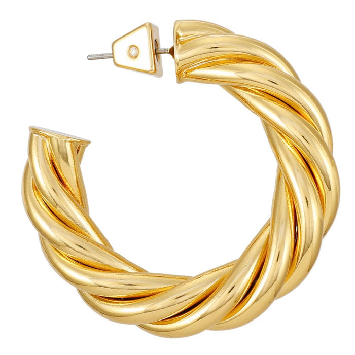 A single Goldtone Textured Rope Hoop Earring by Vince Camuto, featuring an elegant rope texture and a shiny finish with a post-back closure, is viewed from above on a white background.