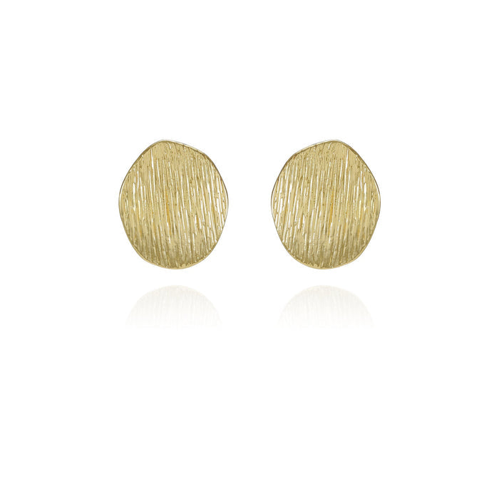 A pair of Vince Camuto Goldtone Texturized Pebble Coin Earrings with a subtle brushed finish, displayed on a white background.