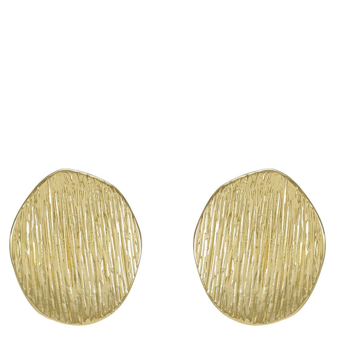 A pair of Vince Camuto Goldtone Texturized Pebble Coin Earrings, featuring an irregular oval shape and textured, lined surface, are showcased against a white background. These lightweight earrings blend modern elegance with distinctive details for a standout statement look.