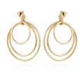 Goldtone Triple Layered Hoop Drop Earrings by Vince Camuto featuring three interlocking open hoops in a circular design, with stud posts at the top, displayed on a white background.
