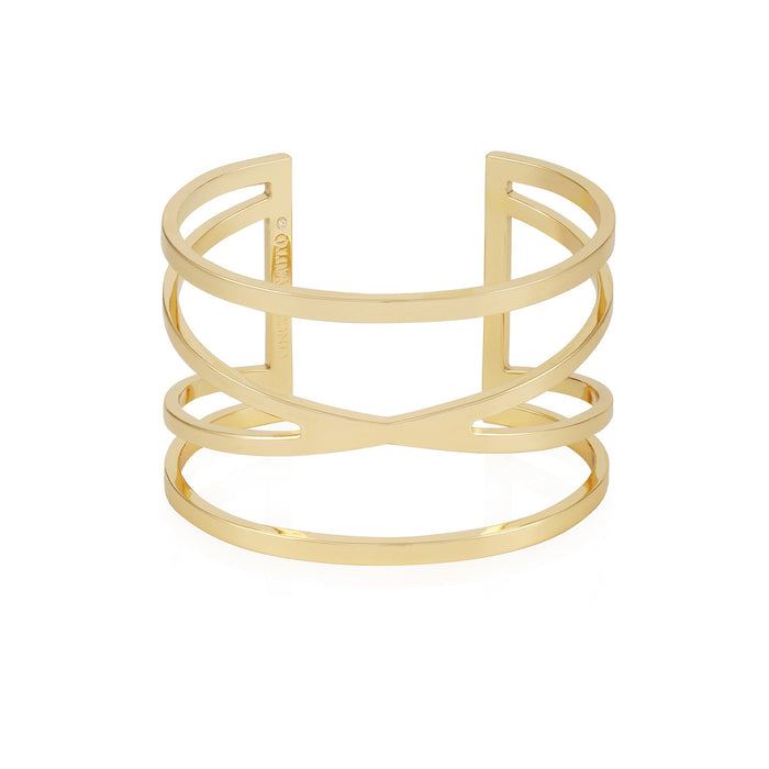 Introducing the Vince Camuto Goldtone Twisted Double Cuff Bracelet: a bold statement piece featuring three parallel gold-tone bands interlaced with two diagonal bands at the front, creating a striking geometric and open design. This bracelet showcases a polished finish and an open back for effortless wear.