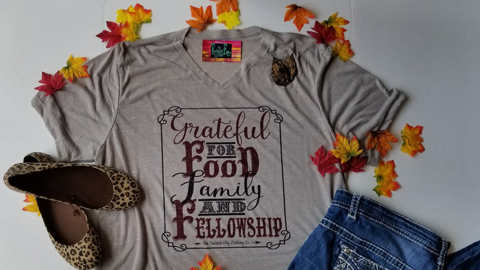 Grateful for Food, Family & Fellowship - S/S Adult Crew Neck Tee - Grey