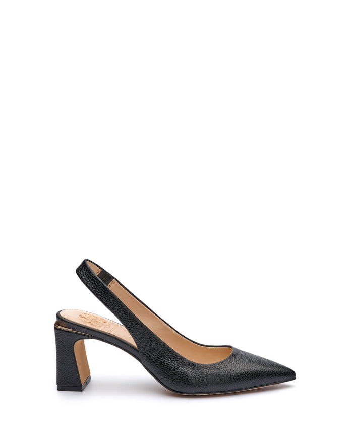 The Vince Camuto Hamden Slingback is a black, textured leather point-toe pump featuring a slingback strap and a chunky mid-height block heel, displayed on a white background.