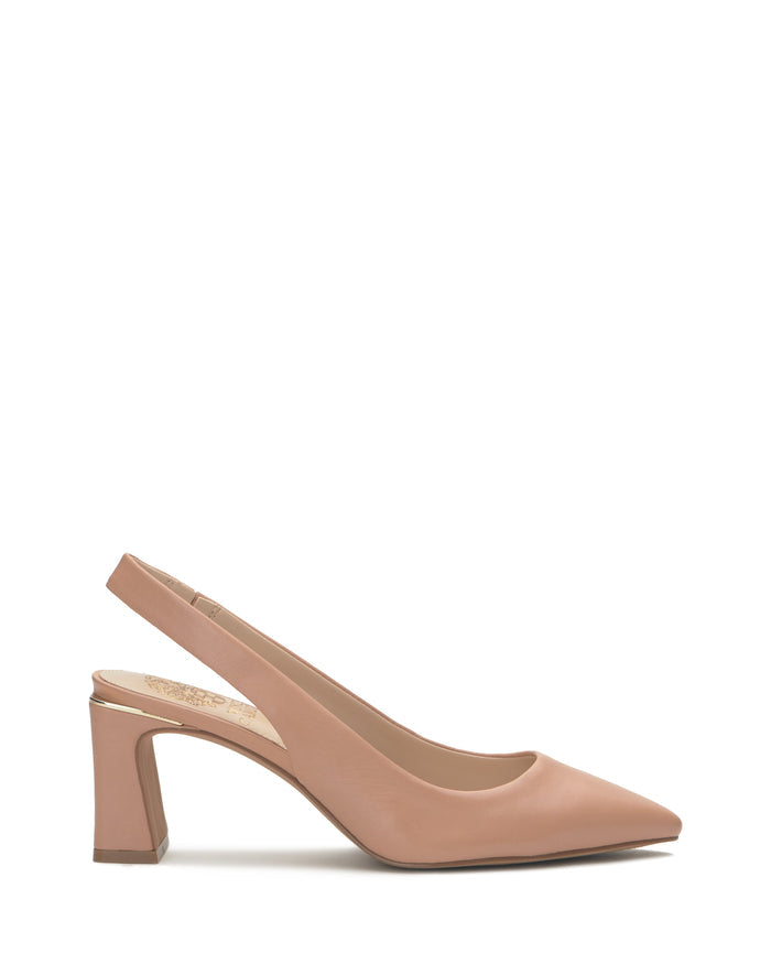 A side view of the Hamden Slingback by Vince Camuto, a nude-colored leather high heel featuring a pointed toe, an architectural block heel, and a slingback strap, set against a plain white background.