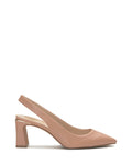 A side view of the Hamden Slingback by Vince Camuto, a nude-colored leather high heel featuring a pointed toe, an architectural block heel, and a slingback strap, set against a plain white background.