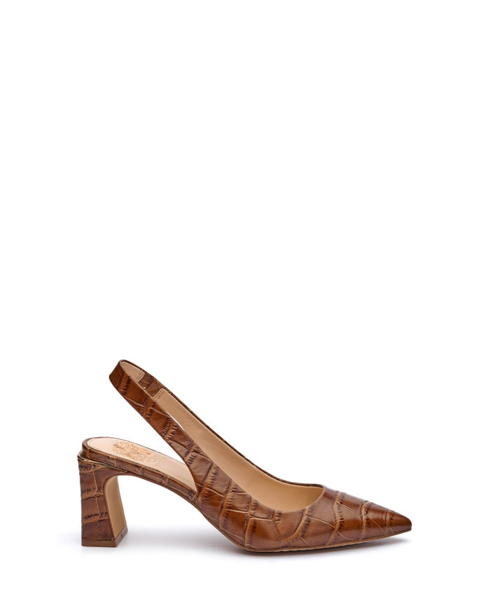 The Vince Camuto Hamden Slingback is a brown crocodile-embossed leather point-toe pump with a mid-height block heel, displayed on a white background.