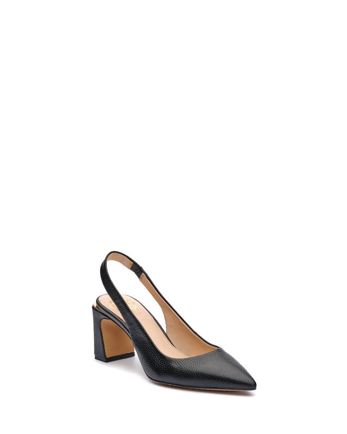 The Vince Camuto Hamden Slingback is a black textured leather point-toe pump featuring a stylish slingback strap and a mid-height block heel, shown against a white background.