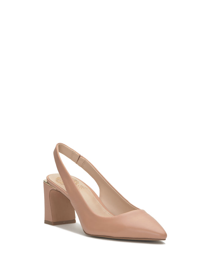 The Vince Camuto Hamden Slingback is a single nude-colored leather pump featuring a pointed toe and a mid-height architectural block heel, displayed on a white background.