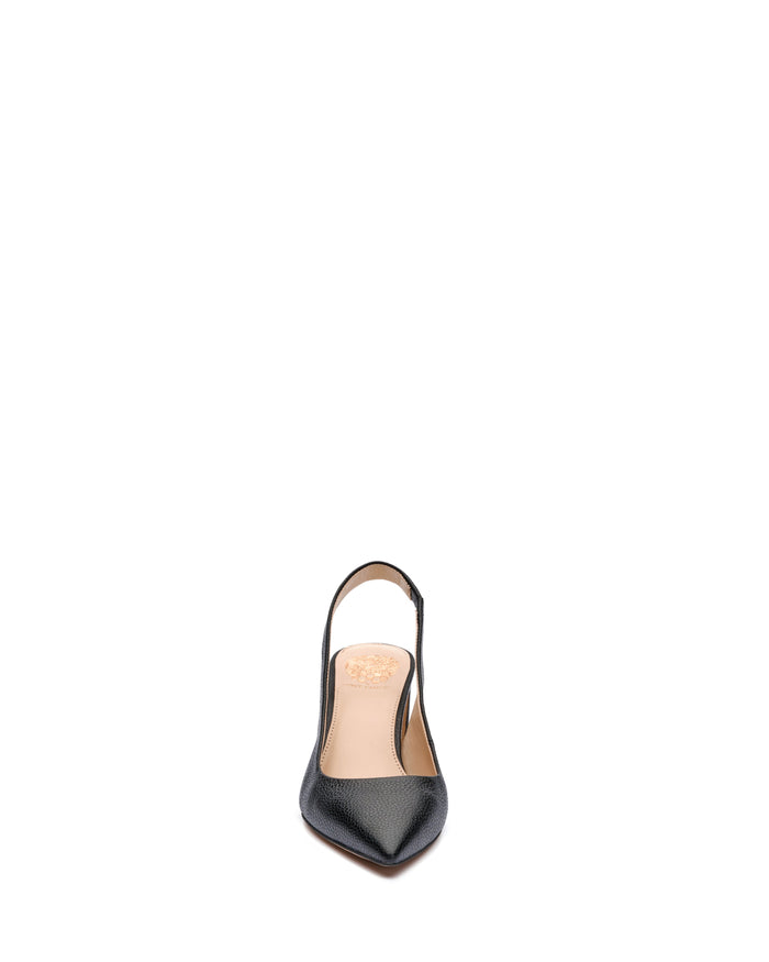The Vince Camuto Hamden Slingback is a black leather point-toe pump featuring a slingback strap and a tan insole, shown from the front against a white background.