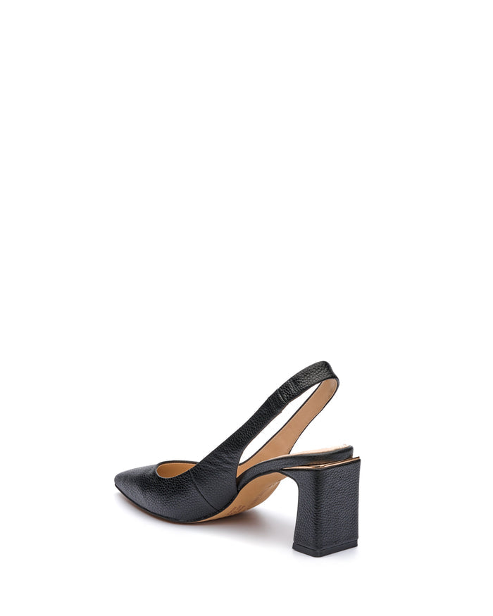 The Vince Camuto Hamden Slingback is a black, textured leather shoe featuring a slingback strap, a pointed toe, and a chunky block heel, displayed against a white background.