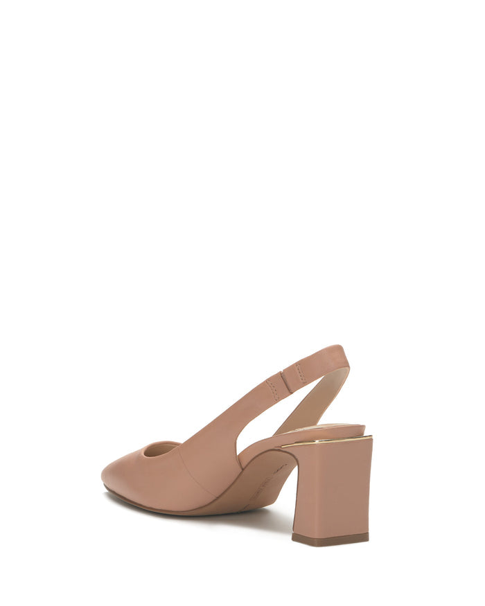 The Hamden Slingback by Vince Camuto is a nude-colored leather high heel featuring a pointed toe and a block, architectural heel, photographed on a white background.