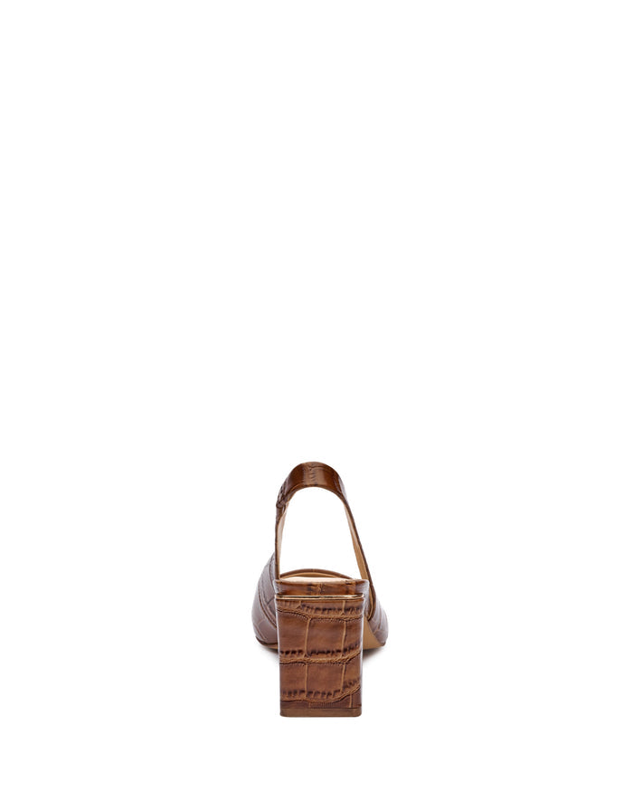 The Vince Camuto Hamden Slingback features brown textured leather, a mid-height block heel, and a chic pointed-toe pump silhouette, shown from the back against a white background.