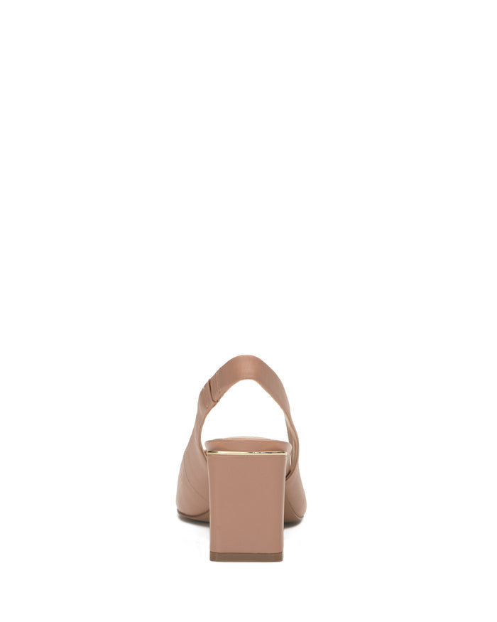 A single Vince Camuto Hamden Slingback, a nude-colored point-toe pump with a block, architectural heel, is pictured from the rear view against a white background.