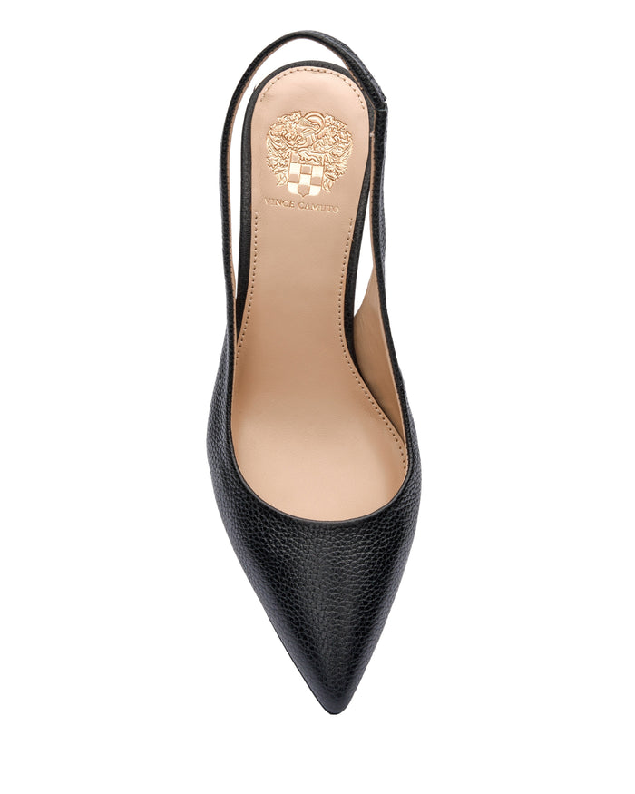 The Vince Camuto Hamden Slingback is a black leather point-toe pump with a textured finish and a sleek slingback strap. It features a tan insole adorned with a gold Vince Camuto logo, and is shown from above against a white background.