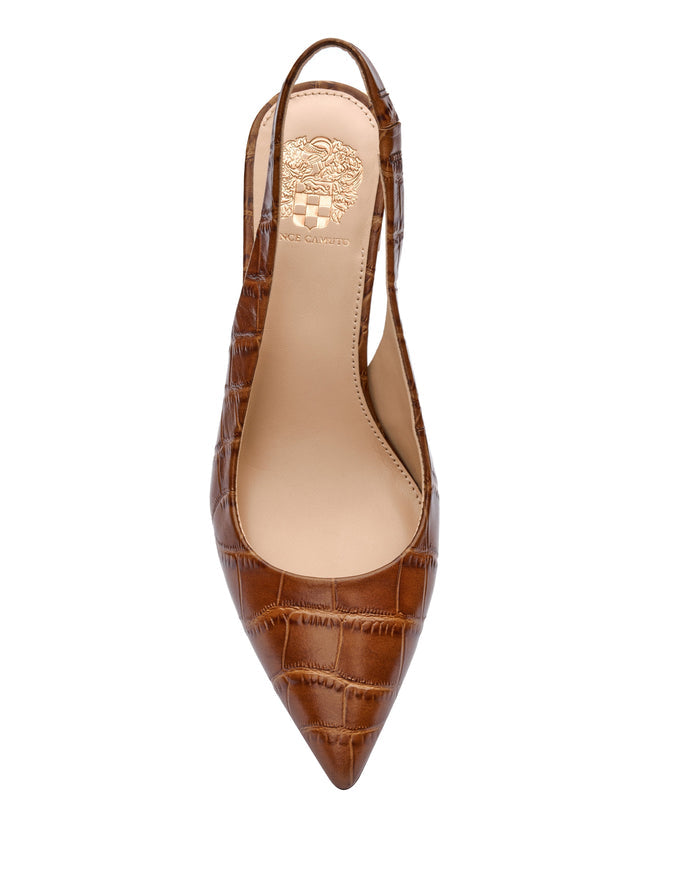 The Hamden Slingback by Vince Camuto features a brown crocodile-pattern leather upper, a point-toe silhouette, and an elegant mid-height heel. Viewed from above, the shoe showcases a gold-embossed logo on the insole near the heel, adding a touch of sophistication.